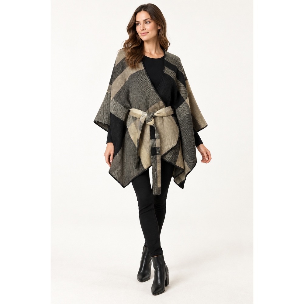 Ann Taylor Factory Poncho Wrap Women XS Black Tan Plaid Belted Shawl Preppy